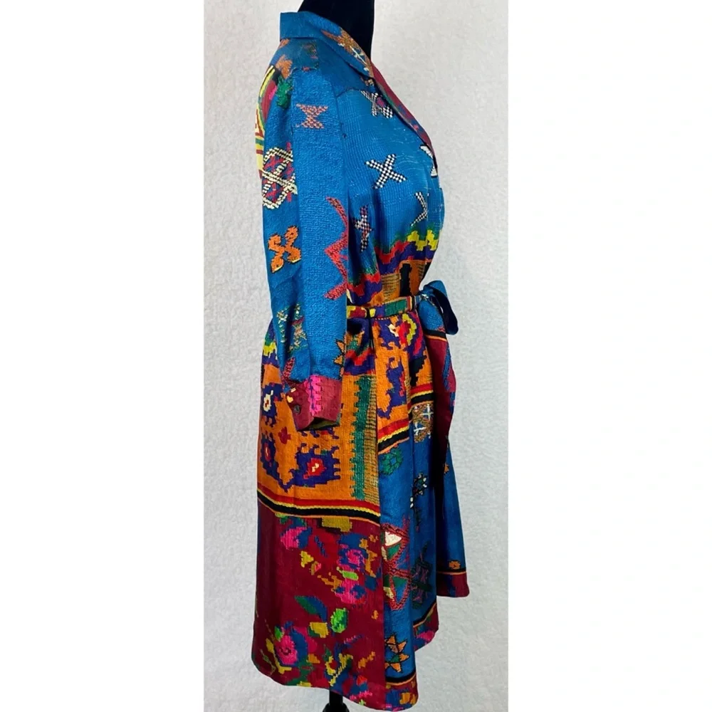 PIERRE-LOUIS MASCIA • Blue/Multi Ethnic 100% Silk Mini Dress, M - Picture 4 of 16